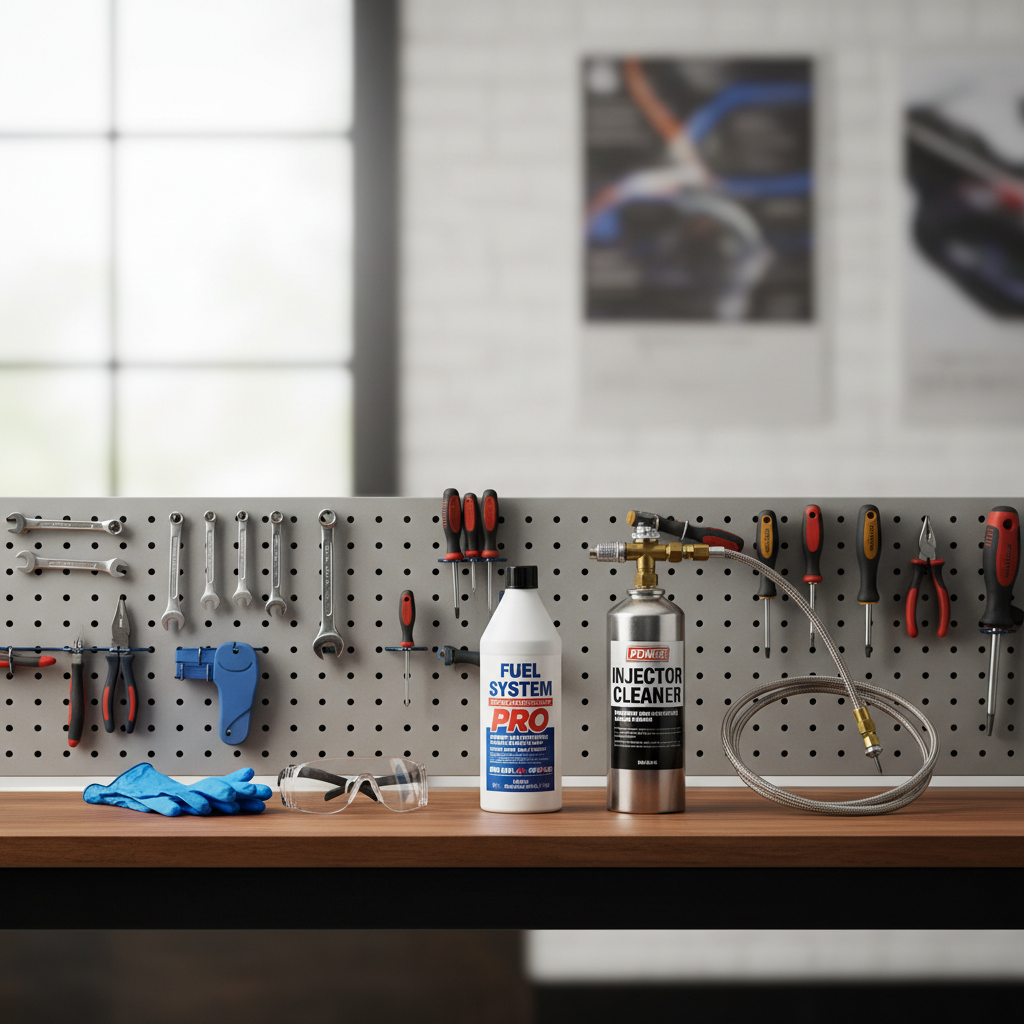 Fuel injector cleaner bottle, pressurized cleaning kit, and basic hand tools on workbench