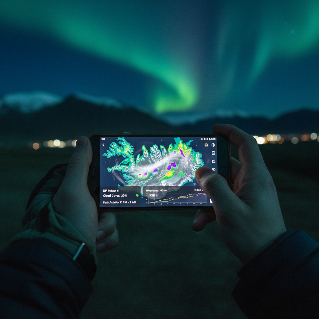 Phone showing aurora and cloud forecast maps for Iceland trip planning