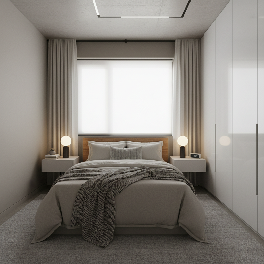 Small bedroom window with light-filtering shade and minimal curtain rod