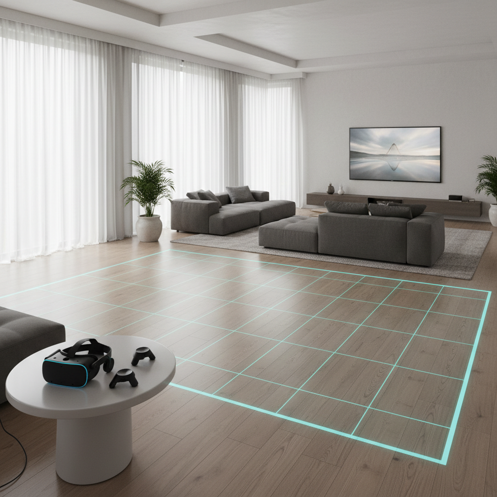 Safe VR play space setup for survival games with boundary and cleared floor area