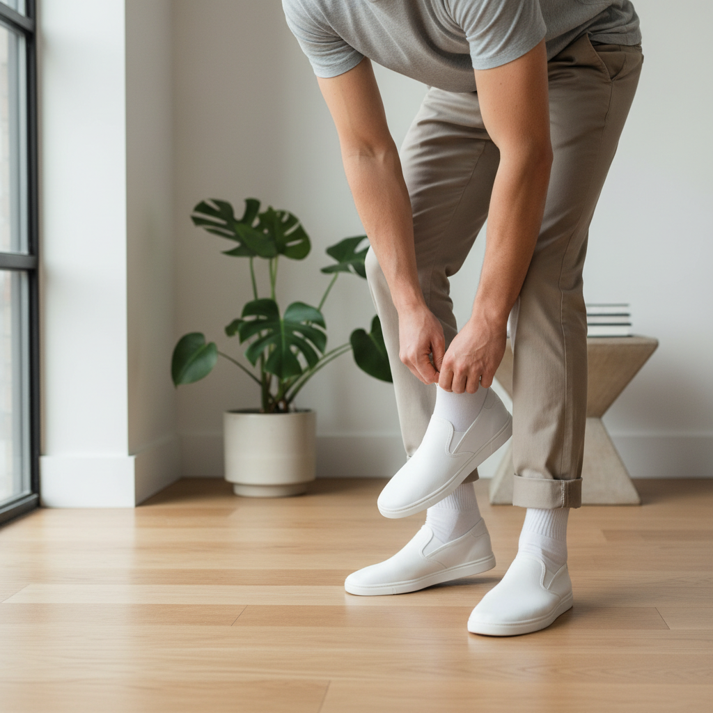 Person testing no-show socks at home with sneakers during a short walk and heel-slip check