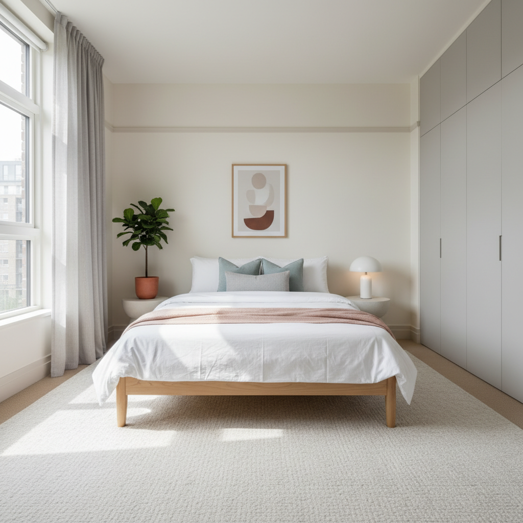 Neutral paint and low-contrast trim making a small bedroom feel larger