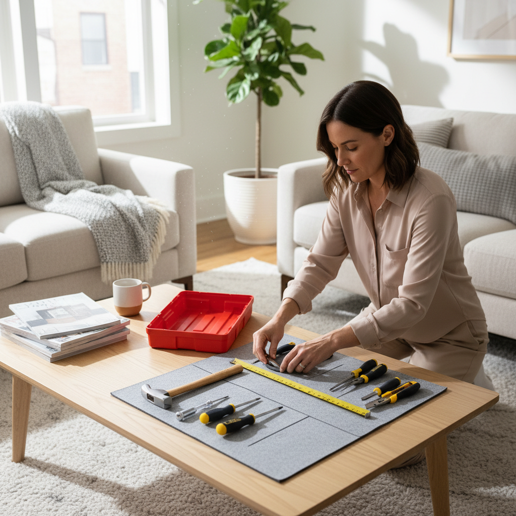New homeowner using a basic home tool kit in a bright living room