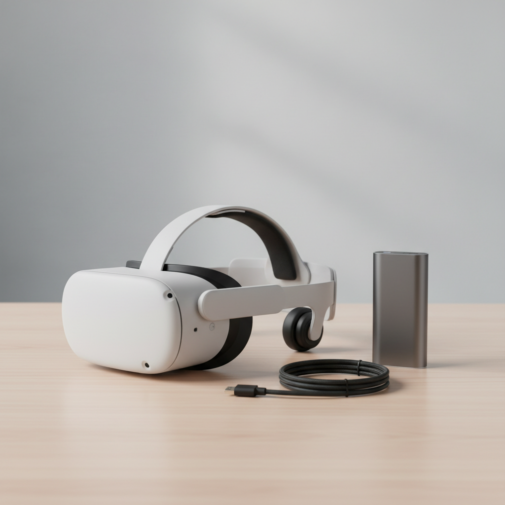 Meta Quest 3 with battery strap and USB-C power bank setup for longer play
