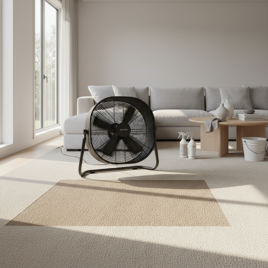 Using a fan to dry a cleaned carpet area after pet stain removal