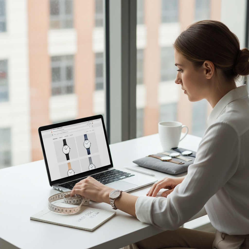 Woman comparing minimalist watches online with sizing notes and measuring tape