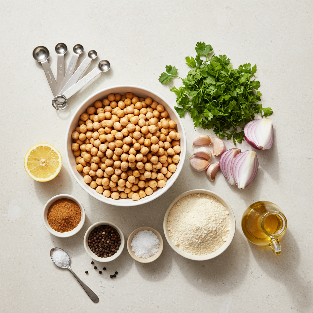 Ingredients for healthy baked falafel including herbs, chickpeas, spices, and garlic