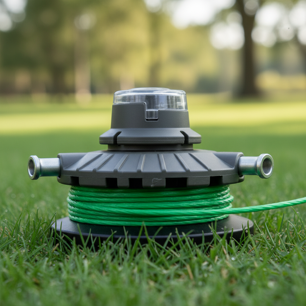 Close-up of string trimmer head with thick line and quick-load spool