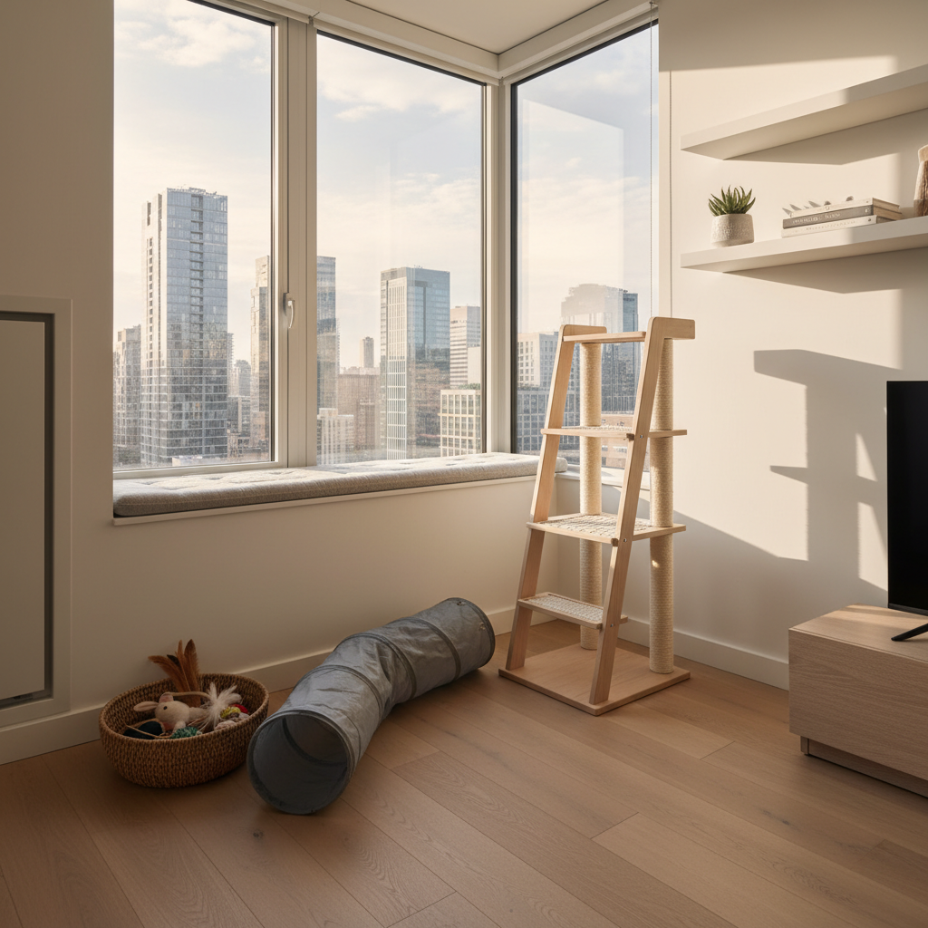 Cat enrichment setup with window perch, cat tree, and rotated toys in a modern apartment