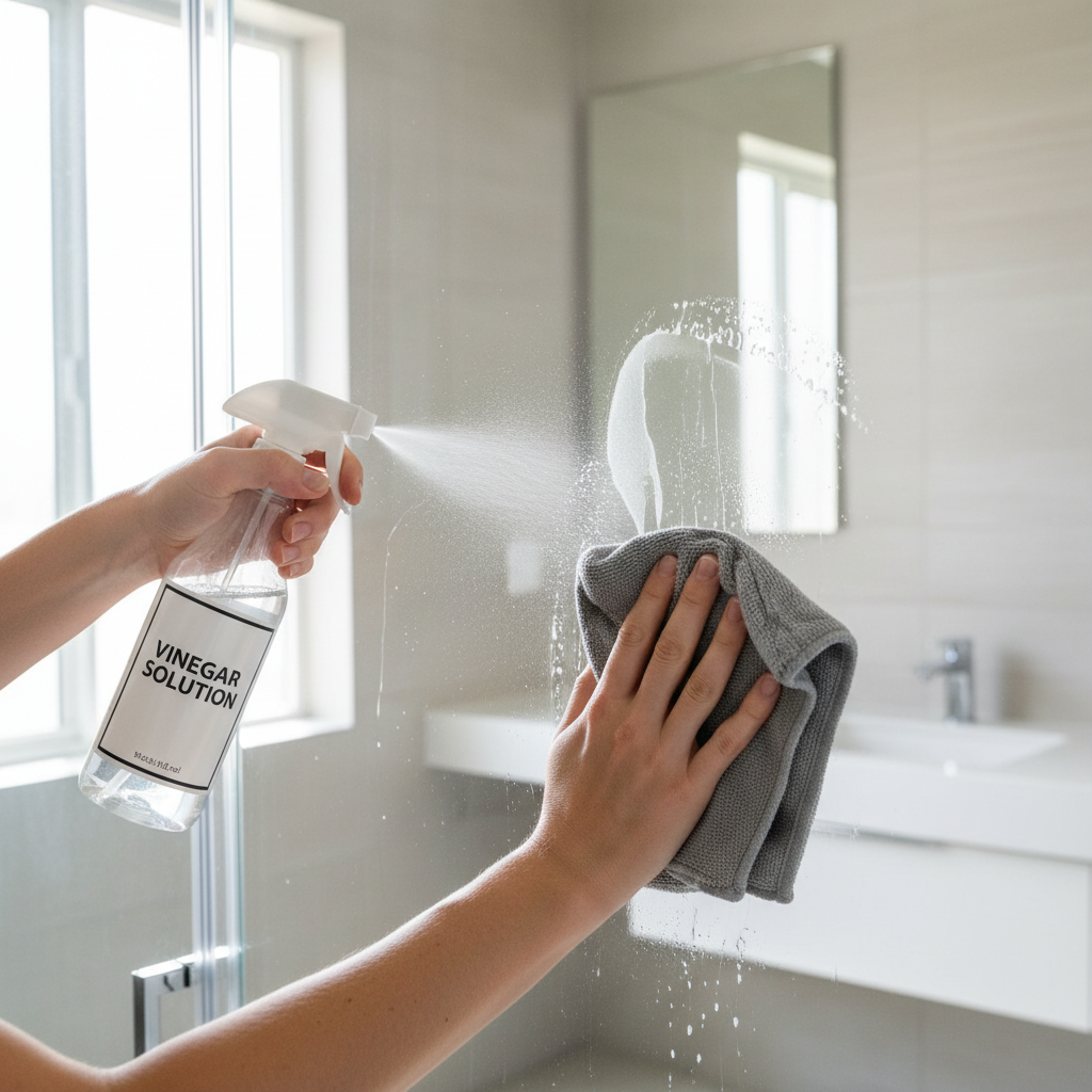 Cleaning glass shower door with vinegar spray and microfiber cloth