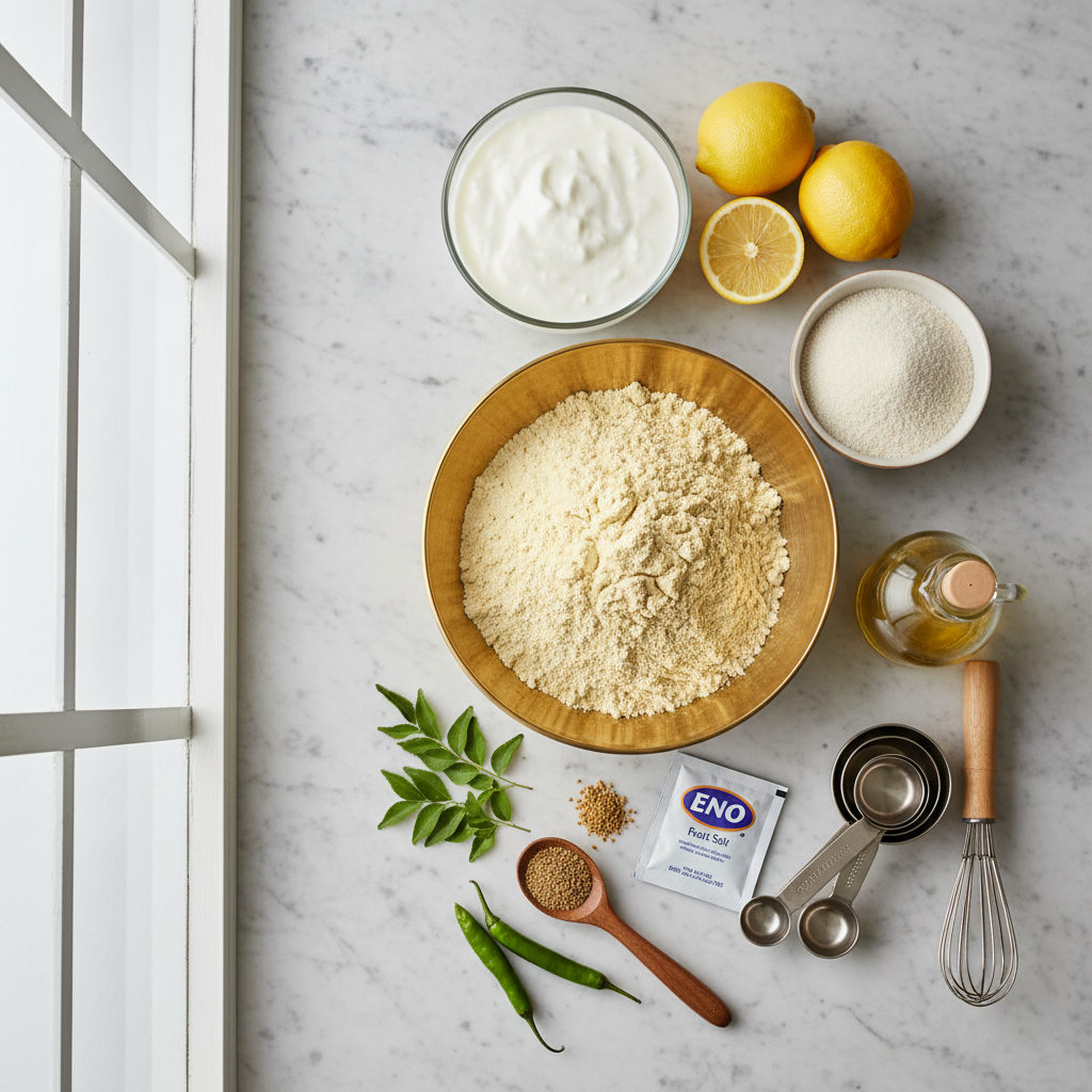 Khaman dhokla ingredients laid out: besan, yogurt, lemon, ENO, spices