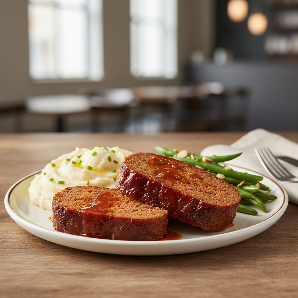 Meatloaf slices plated with mashed potatoes and green beans for a classic dinner