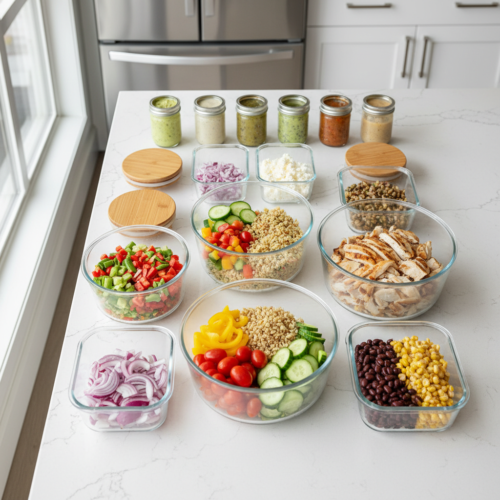 Meal prep containers with salad components kept separate to prevent sogginess