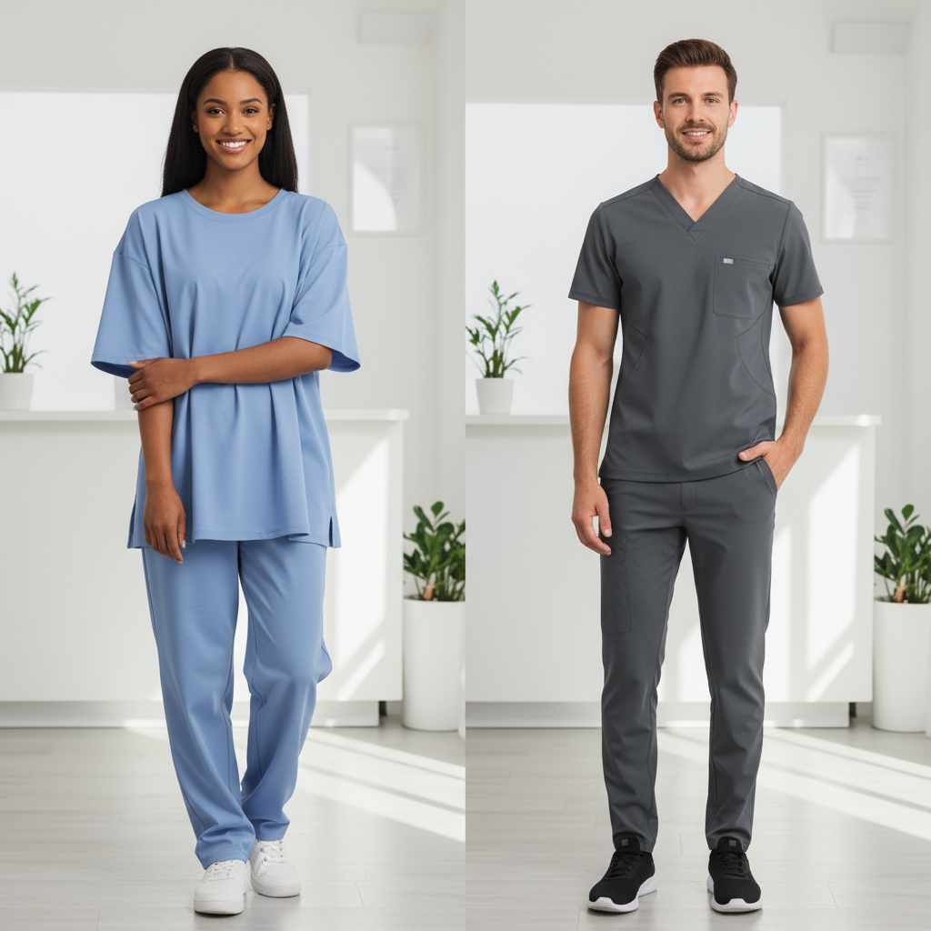 Scrub fit comparison showing tailored vs oversized look