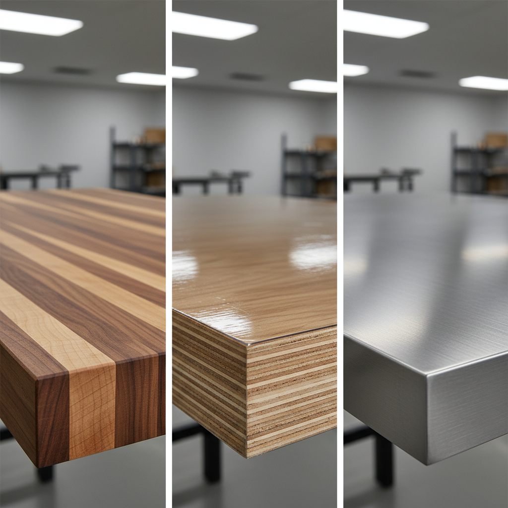 Close-up of different workbench top materials: hardwood, plywood, and stainless steel