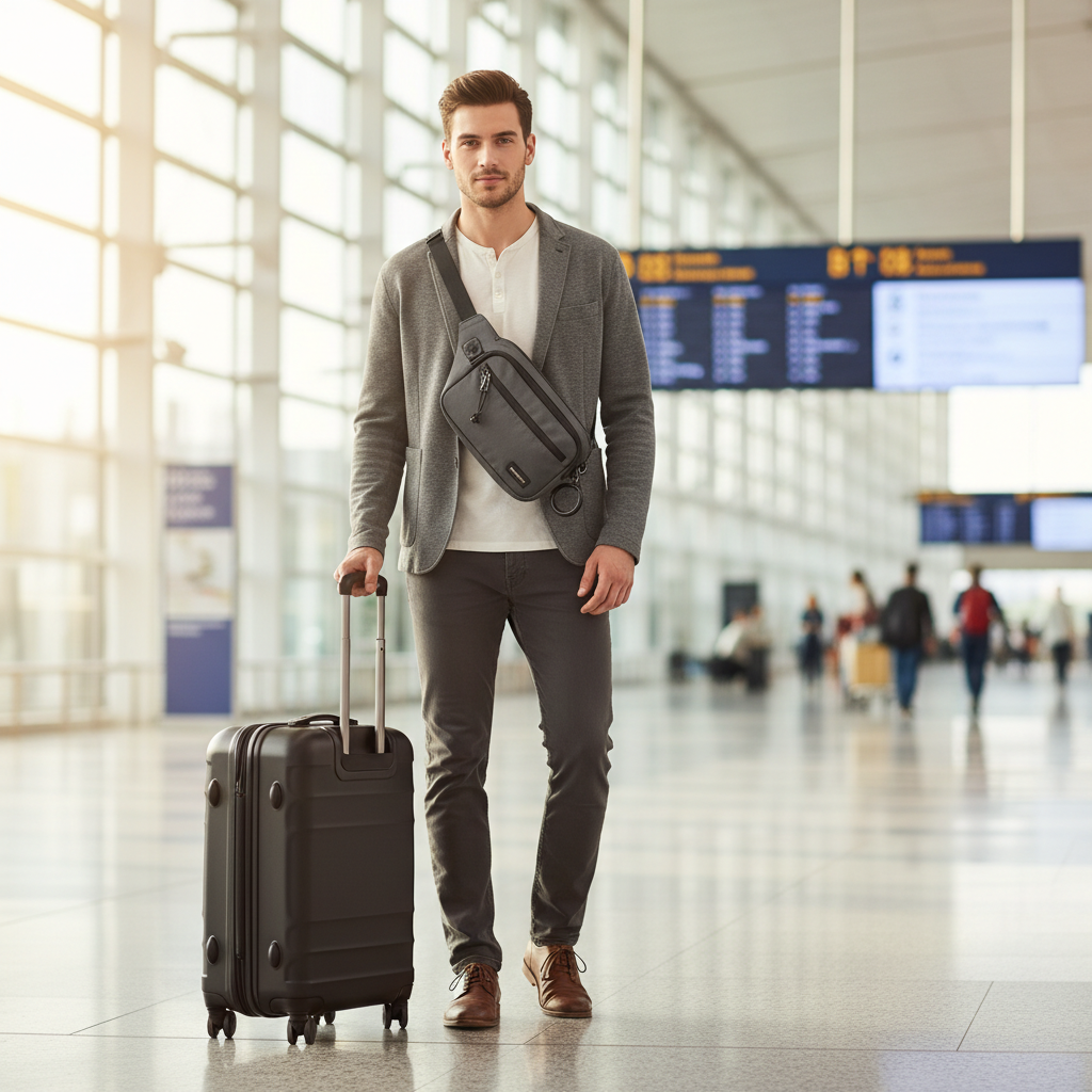 Traveler wearing a secure crossbody bag in a busy airport terminal