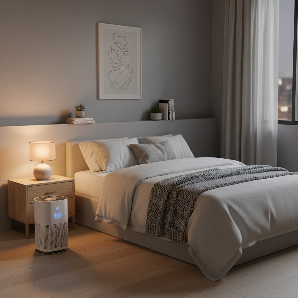 Small bedroom with a compact air purifier running quietly at night