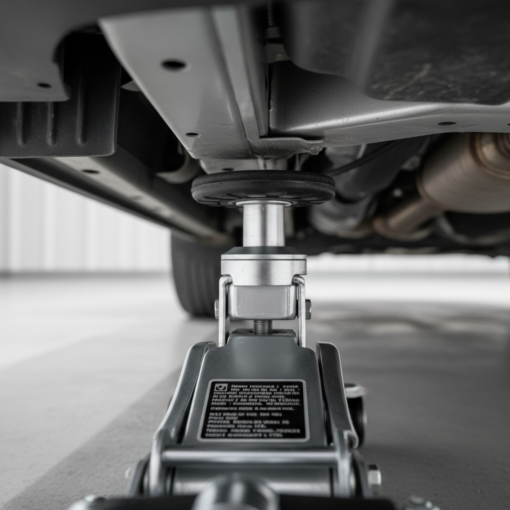 Close-up of correct car jack point near pinch weld with floor jack saddle aligned