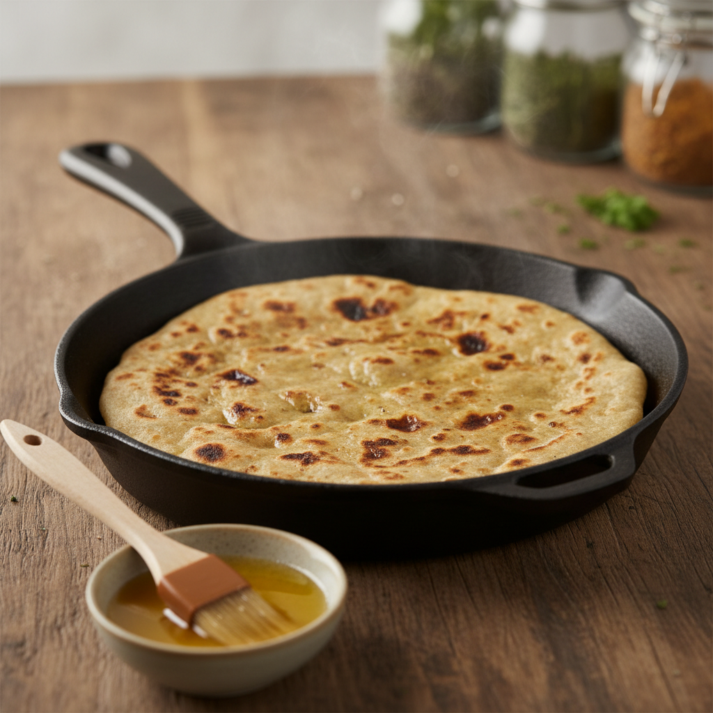 Aloo paratha cooking on a cast iron skillet with golden brown spots