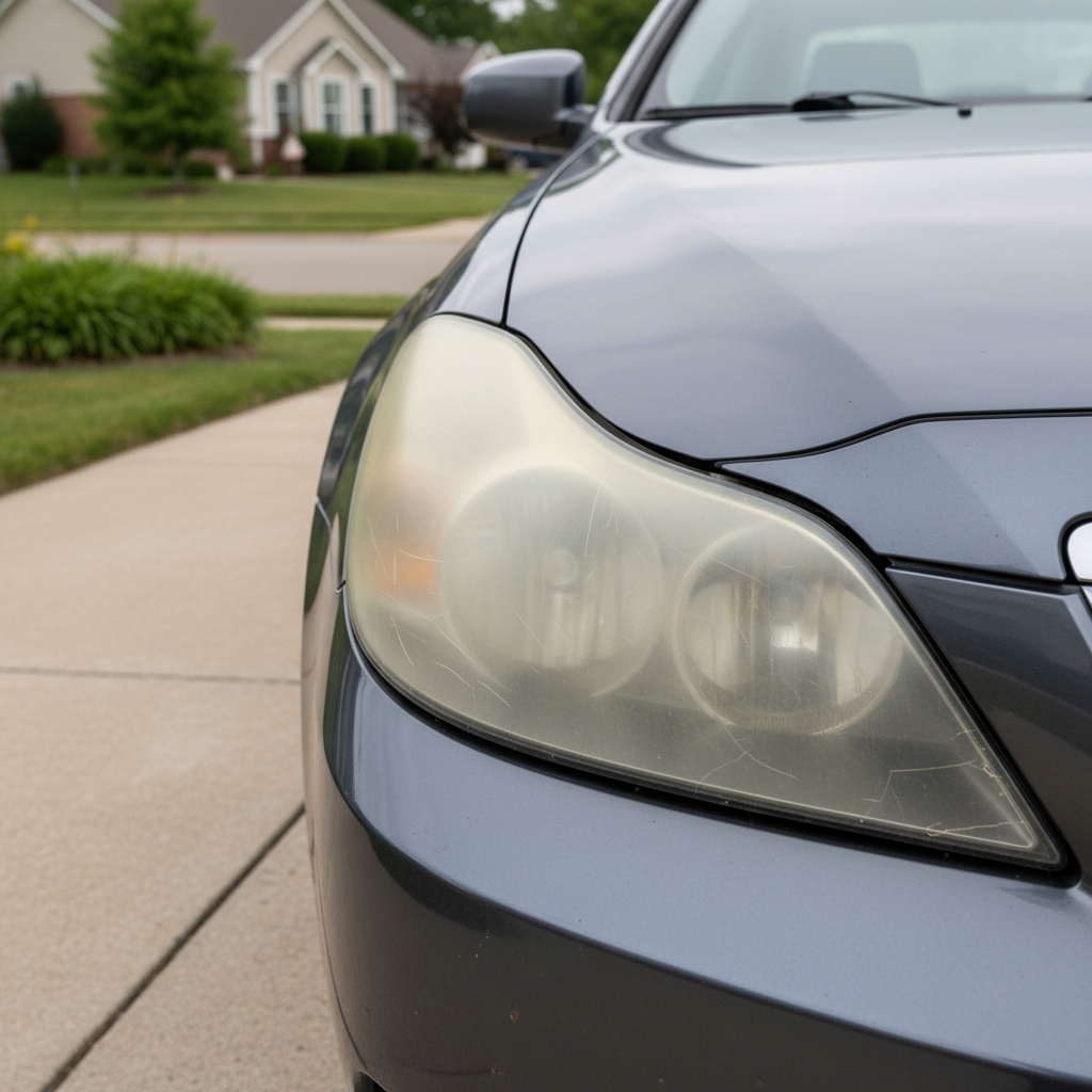 Cloudy oxidized car headlight before restoration in a driveway