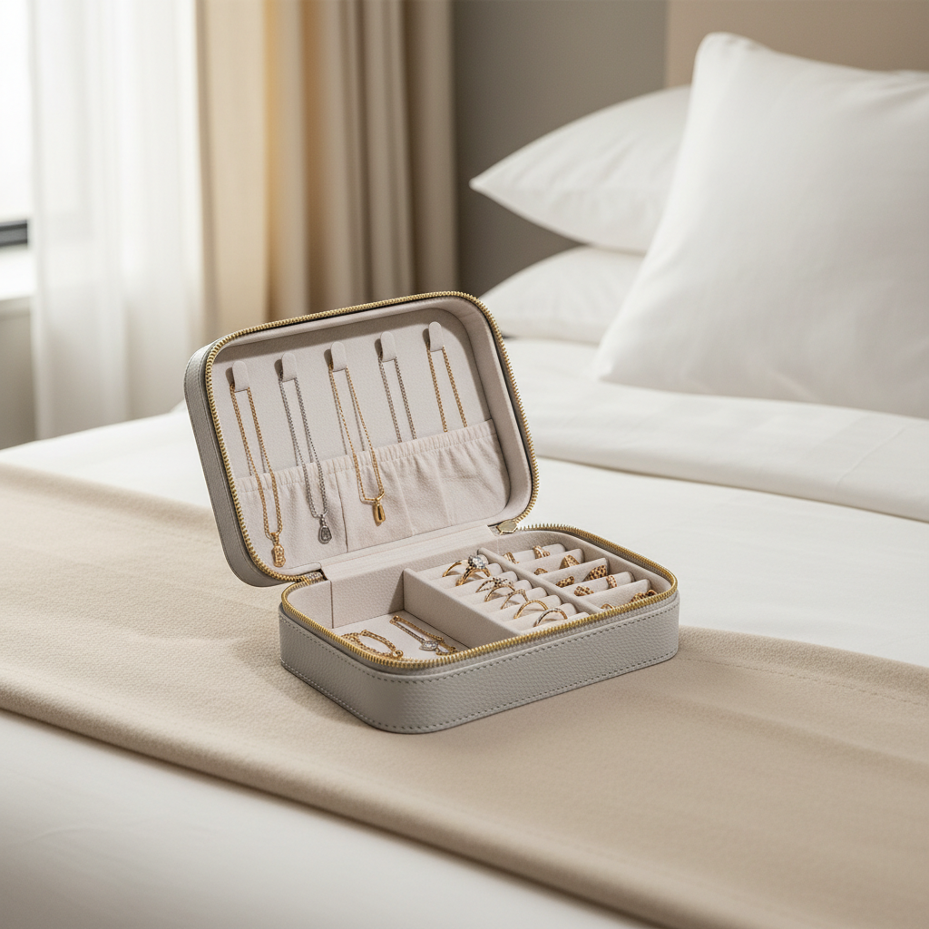 Jewelry travel case organized with hooks for necklaces and compartments for rings and earrings
