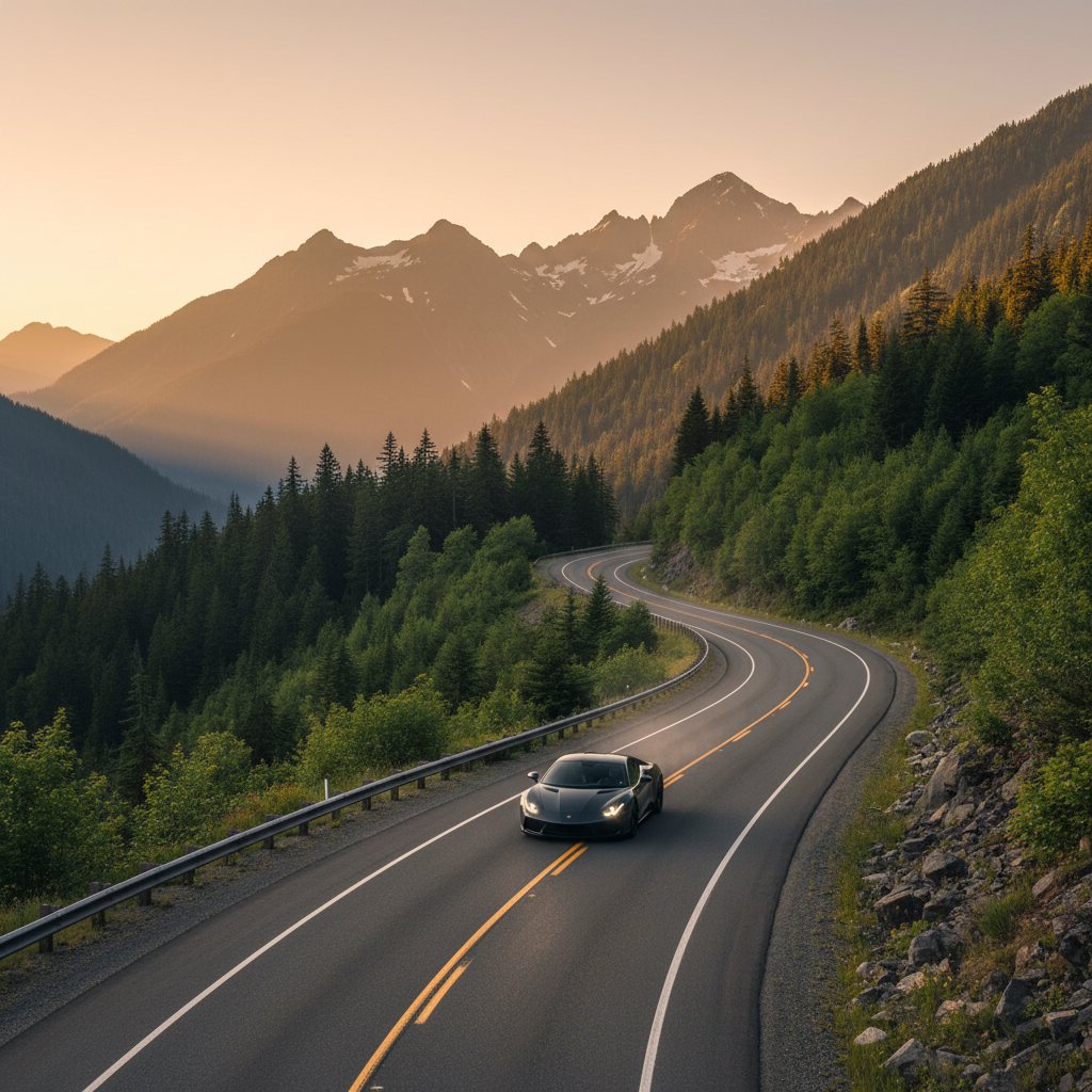 Scenic summer road trip through mountains with a car on a winding highway
