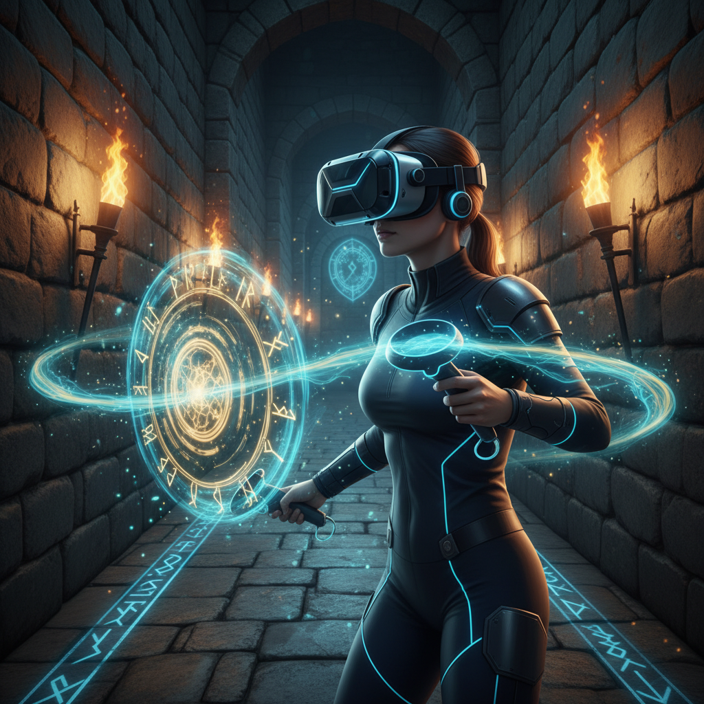 VR fantasy hero casting spells in a medieval stone corridor
