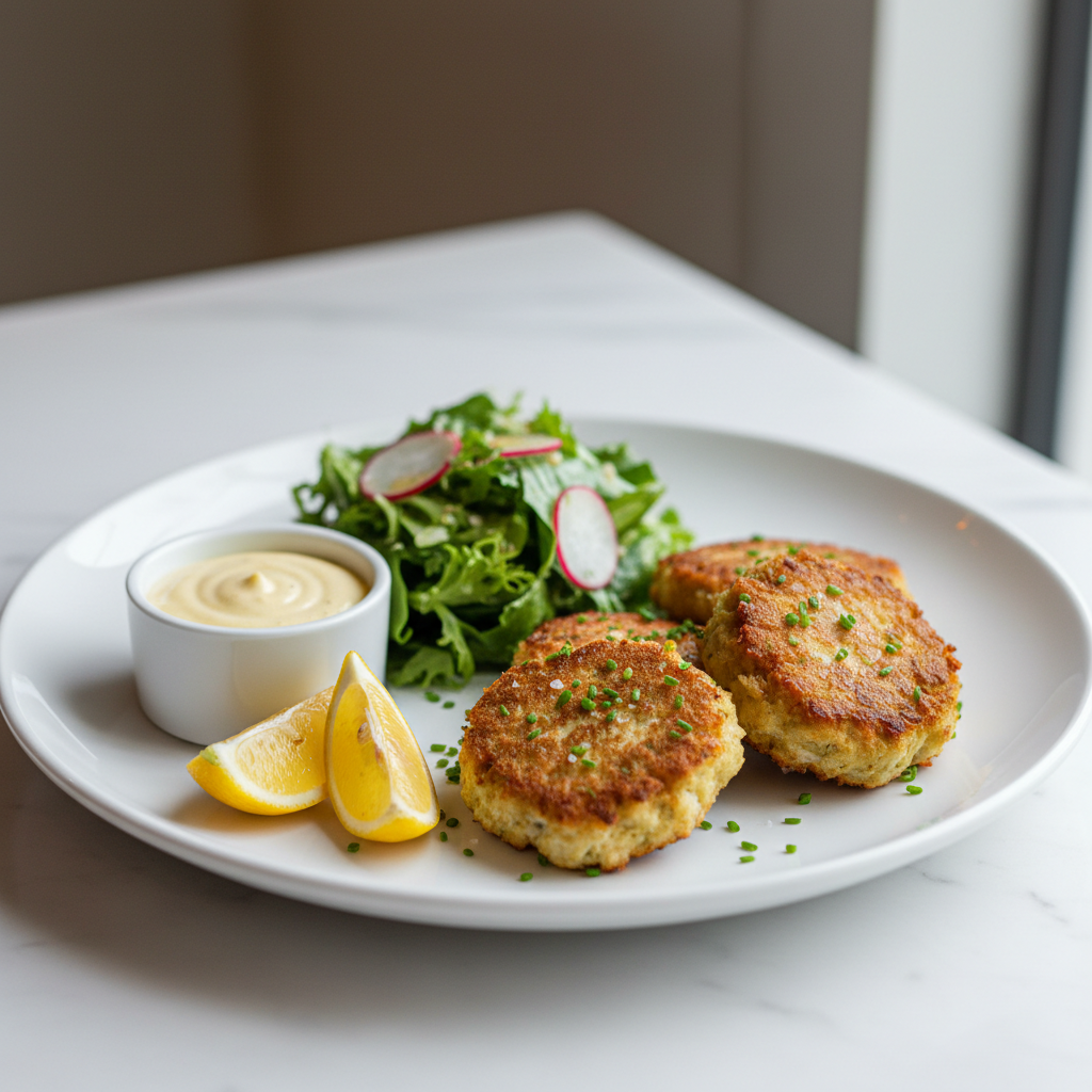 Crab cakes plated with lemon aioli and fresh salad