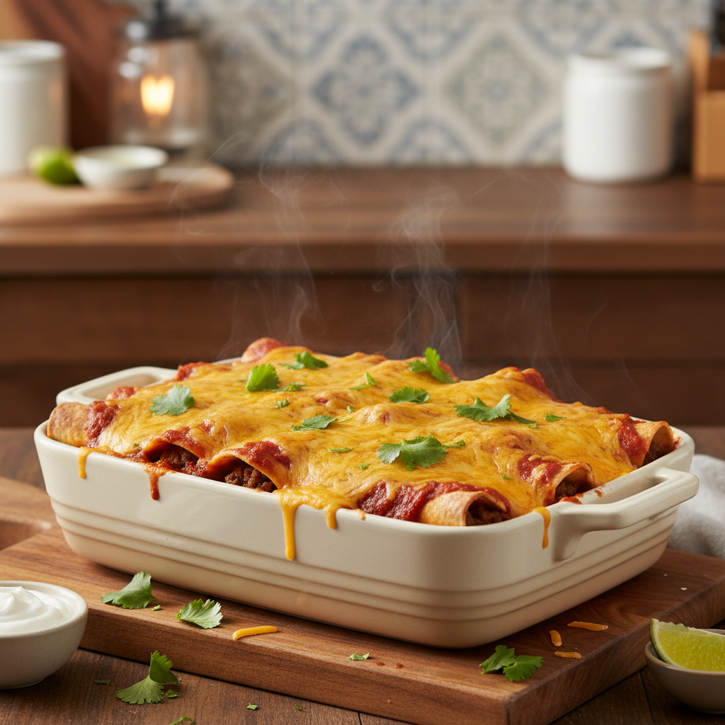 Easy beef enchiladas in a baking dish with melted cheese and red sauce