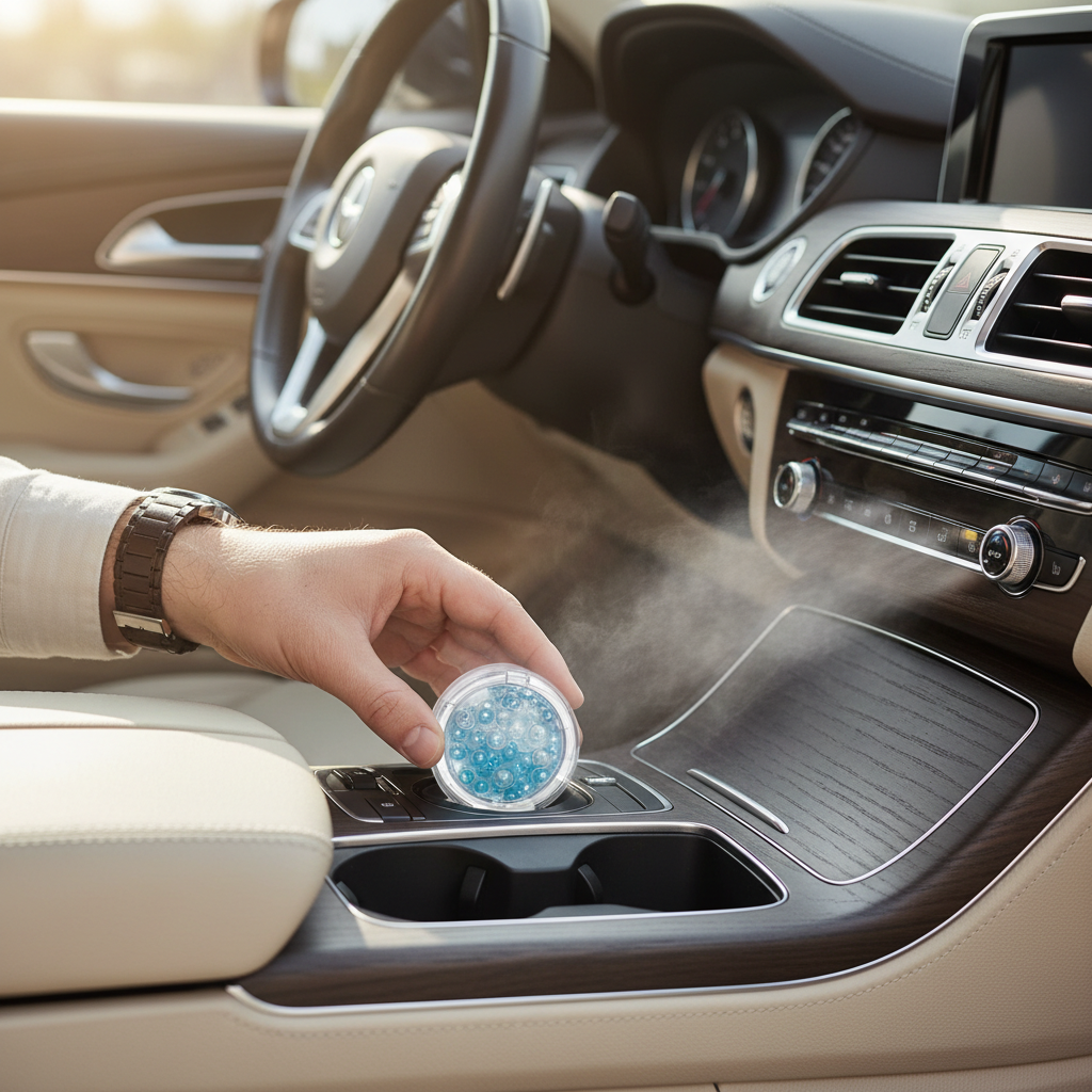 Driver adjusting gel air freshener placement near car vent safely
