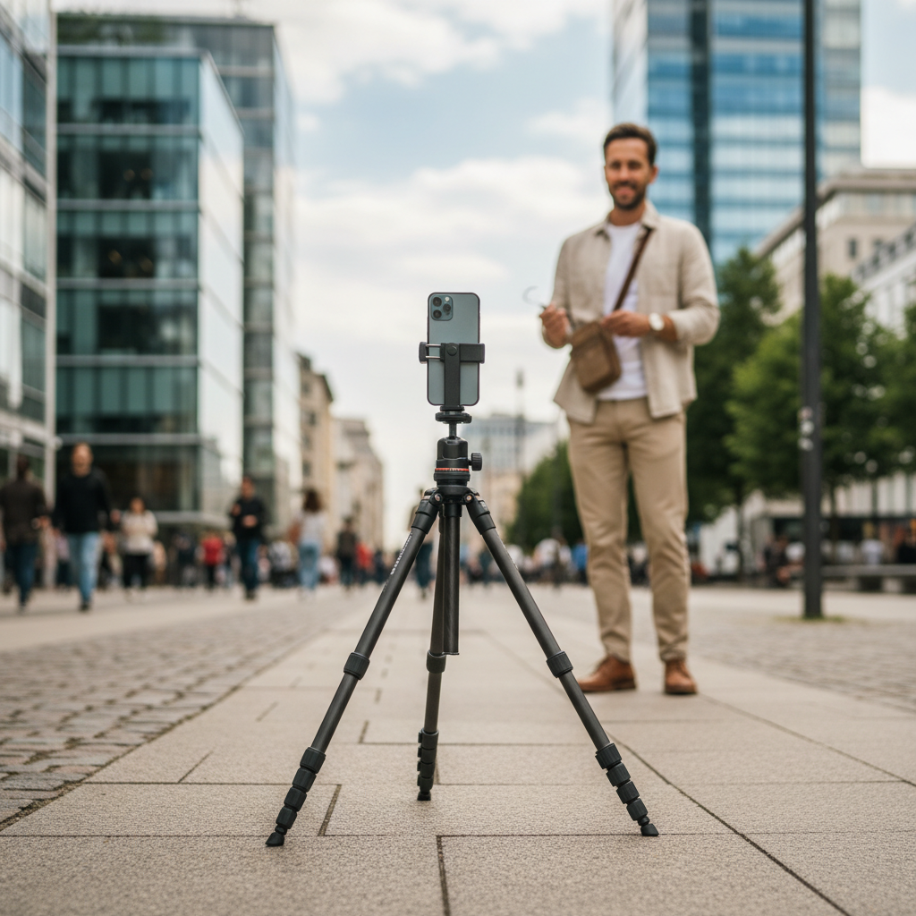 Traveler filming vertical video with a phone on a lightweight travel tripod in a city street