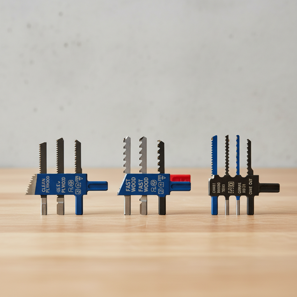 Close-up of jigsaw blades for woodworking including clean-cut and curve-cut types