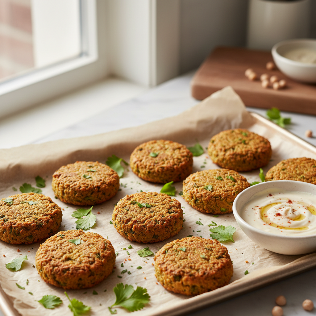 Baked falafel patties on a sheet pan with herbs and tahini sauce