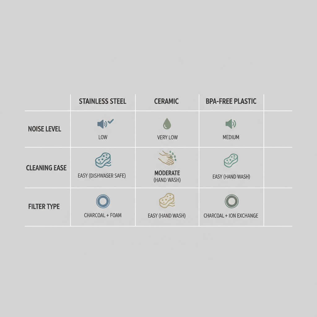 Comparison chart layout for choosing cat water fountain by material and noise level