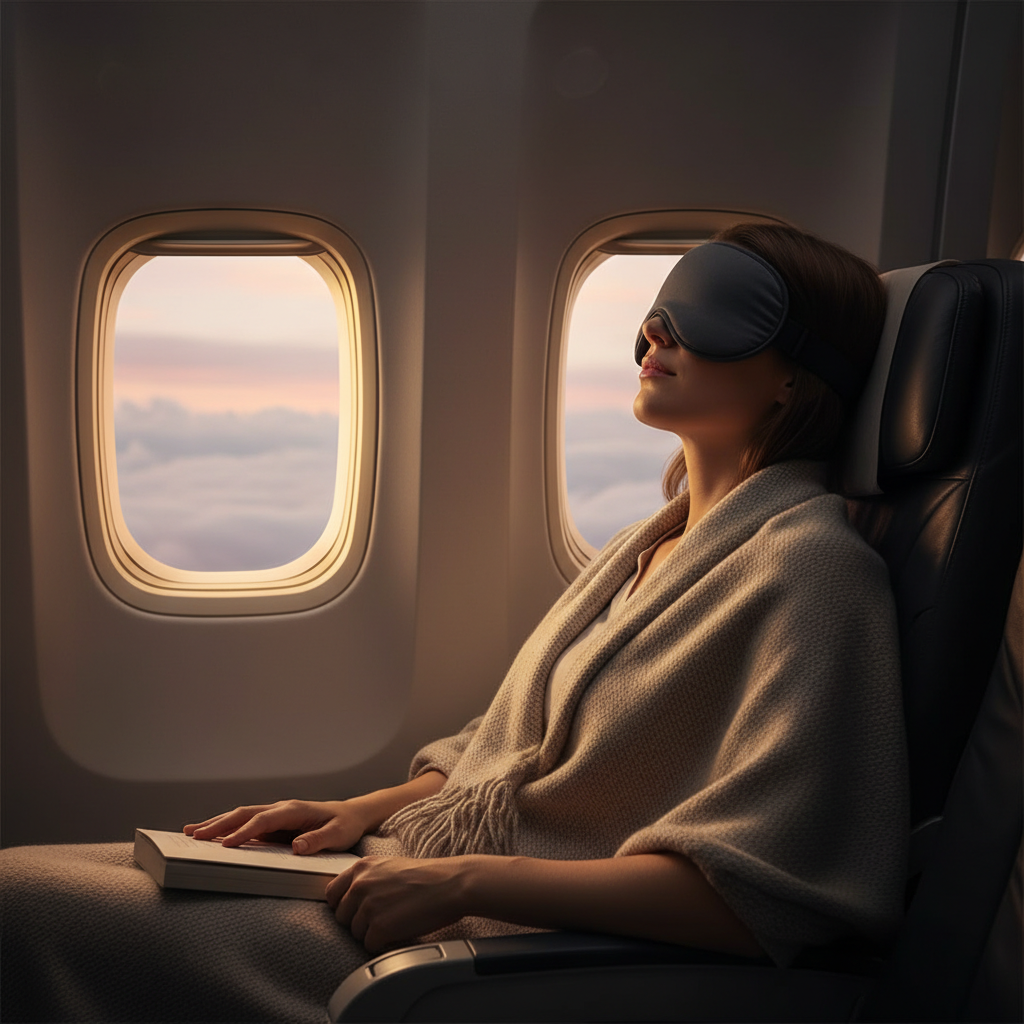 Traveler wearing a contoured blackout eye mask on an airplane to block cabin light