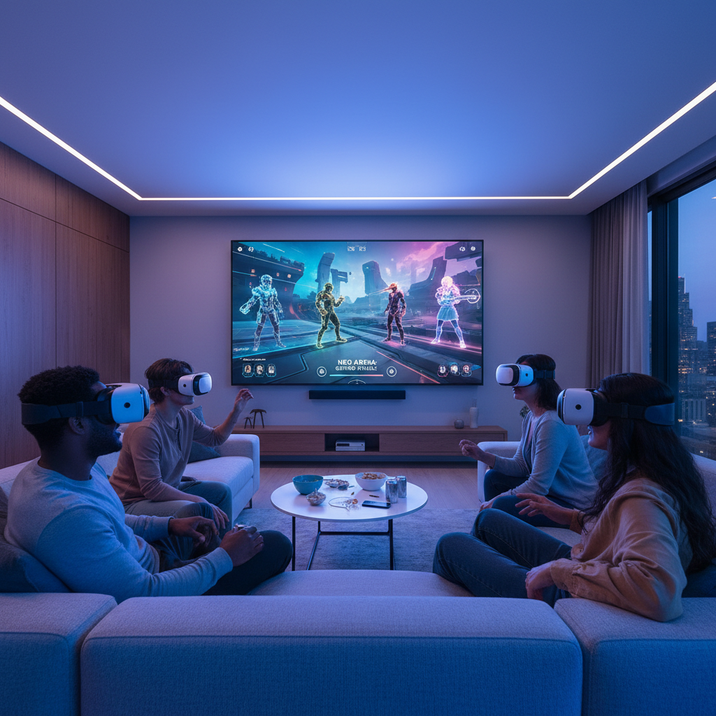 VR social gaming event with friends in a virtual arena and spectator view