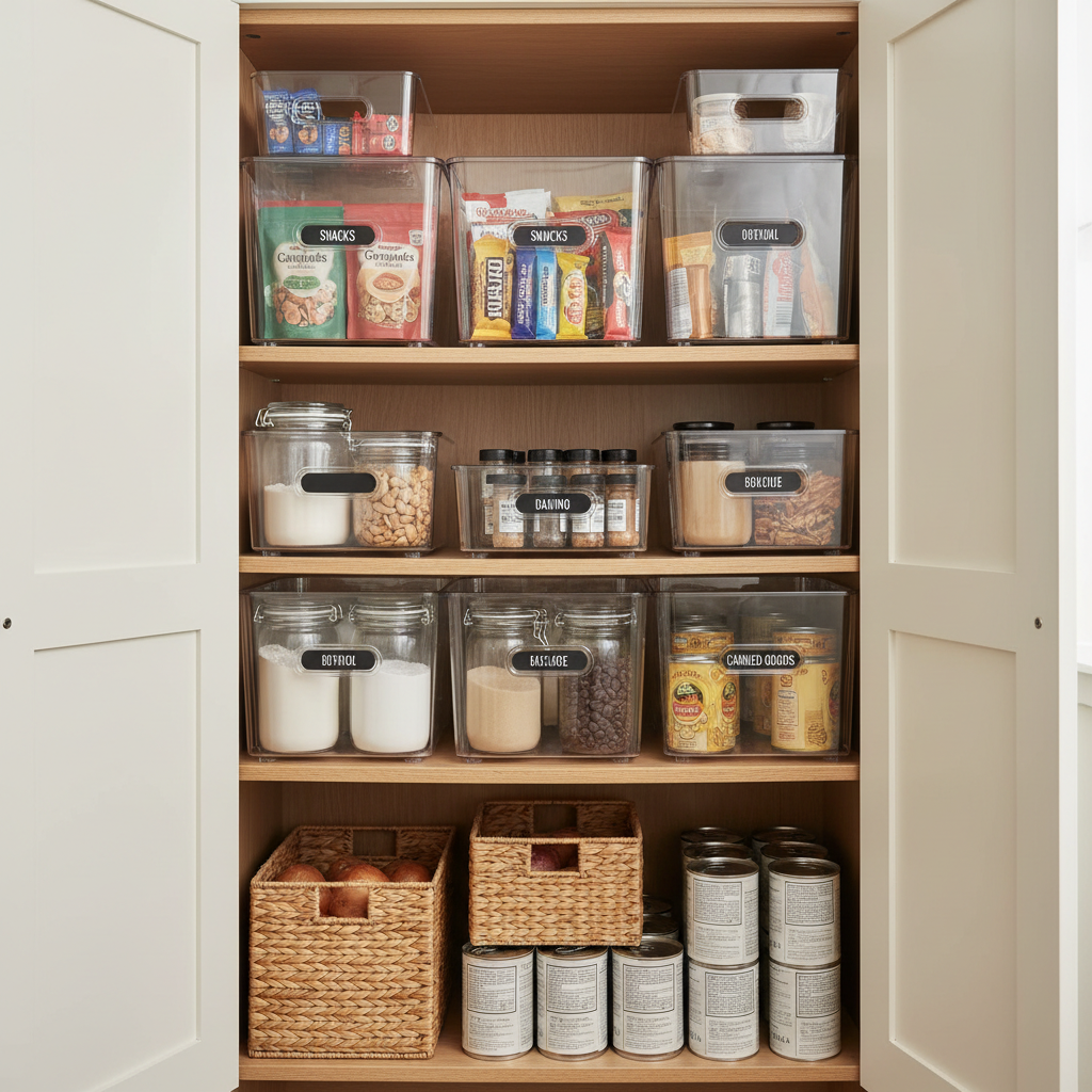 Small kitchen pantry cabinet organized with clear bins and labeled zones