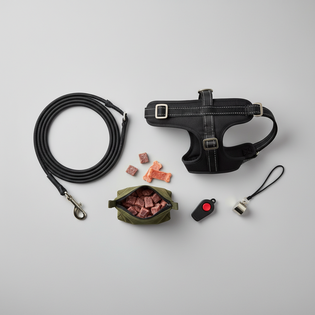 Dog recall training essentials: long line, treats, clicker, and harness laid out