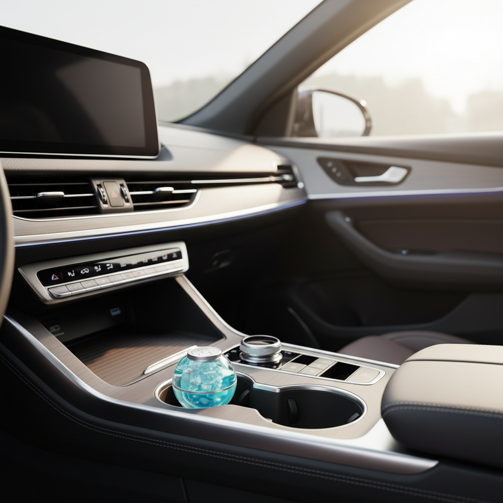 Gel air freshener on a car center console with vents and sunlight