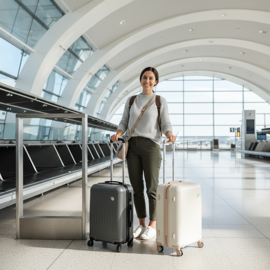 Woman comparing carry-on suitcase sizes in an airport terminal