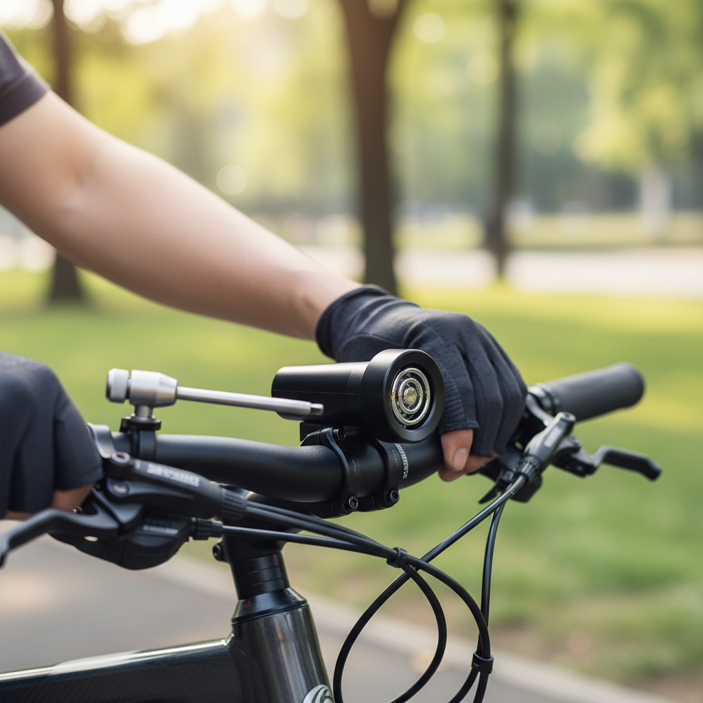 Cyclist adjusting and aiming an electric bike horn for better projection