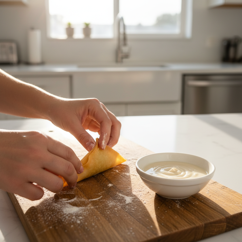 Step-by-step folding a samosa wrapper into a triangle on a cutting board