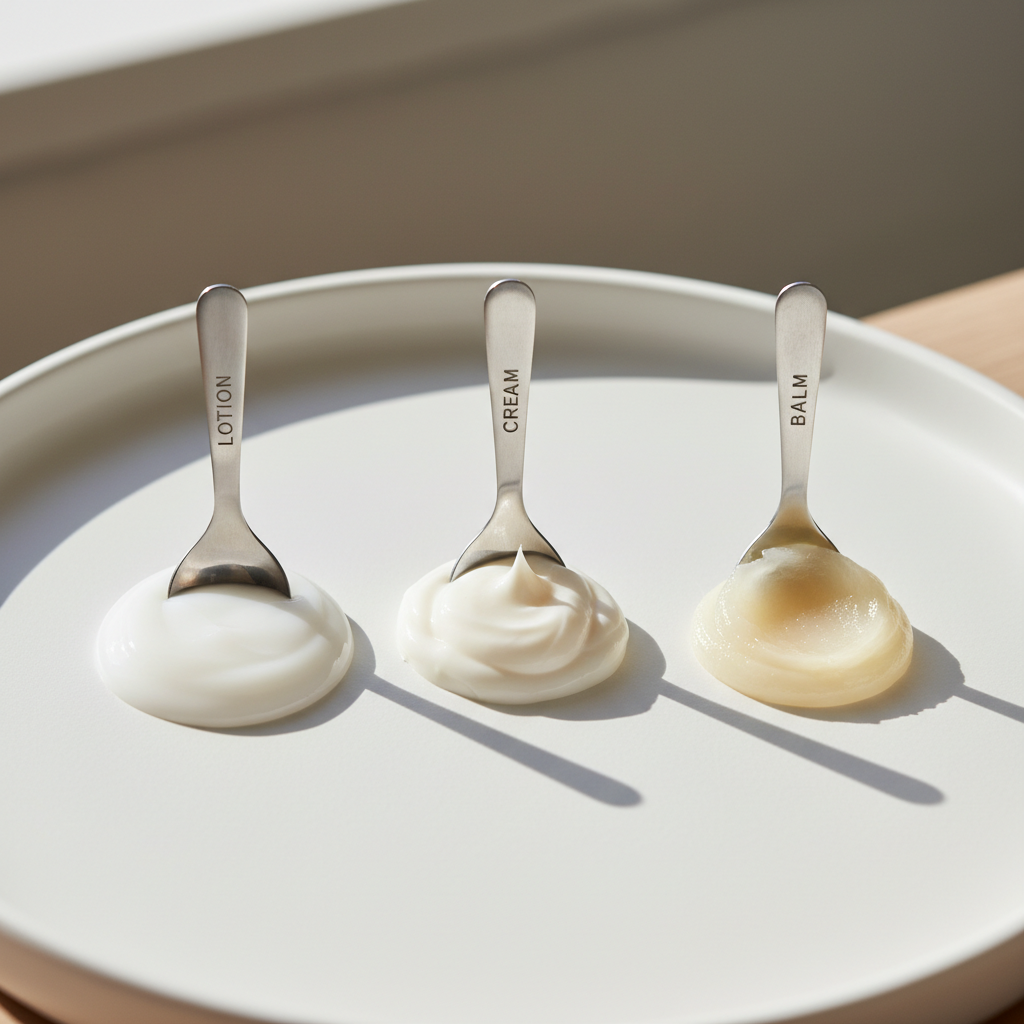 Body lotion textures for dry skin: lotion, cream, and balm comparison