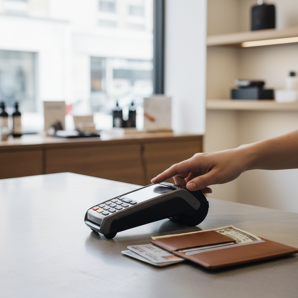 Person paying at a store using tap-to-pay with a neatly organized wallet nearby