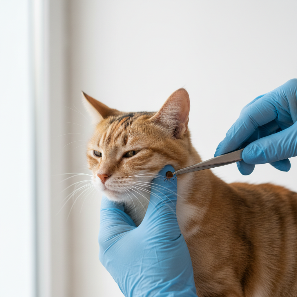 Demonstration of using fine-tipped tweezers to grasp a tick close to a cat’s skin without squeezing the body