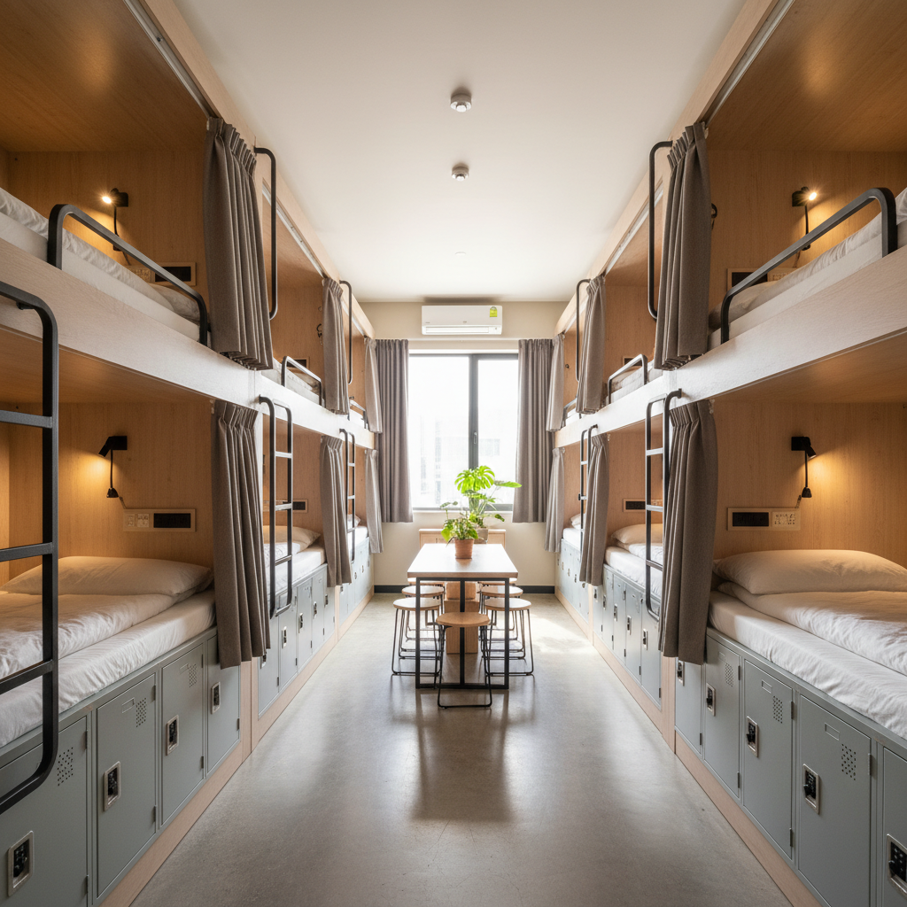 Clean modern hostel dorm with privacy curtains and lockers for solo travelers