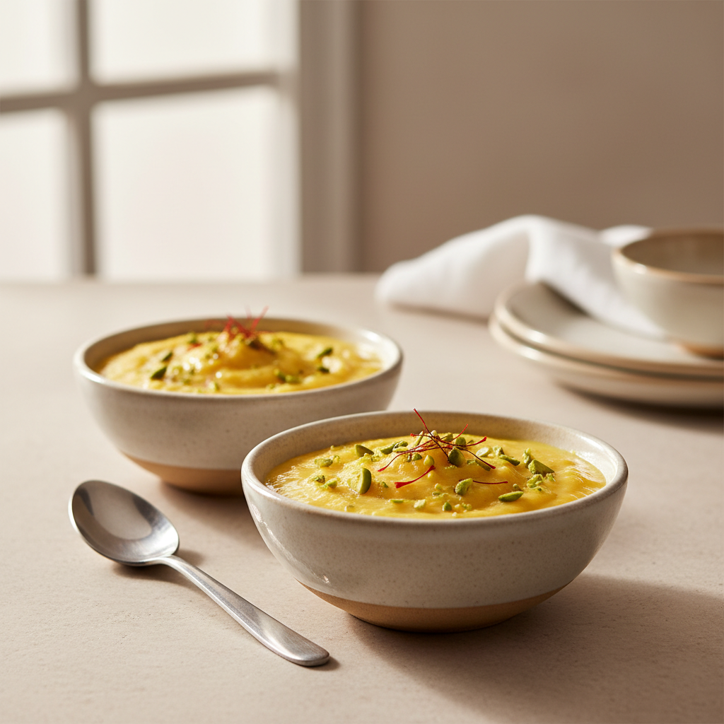 Serving amrakhand in bowls with saffron and pistachios