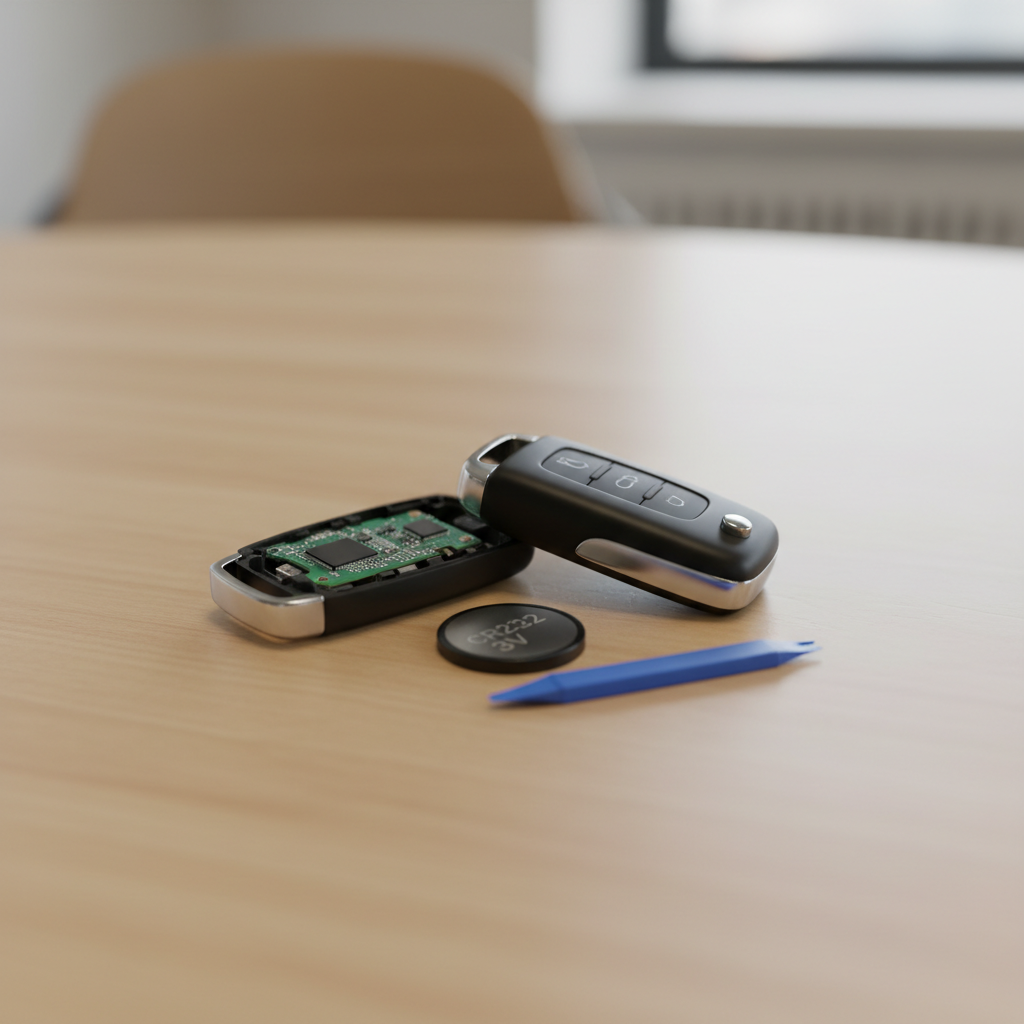 Car key fob battery replacement tools and coin cell on a clean surface