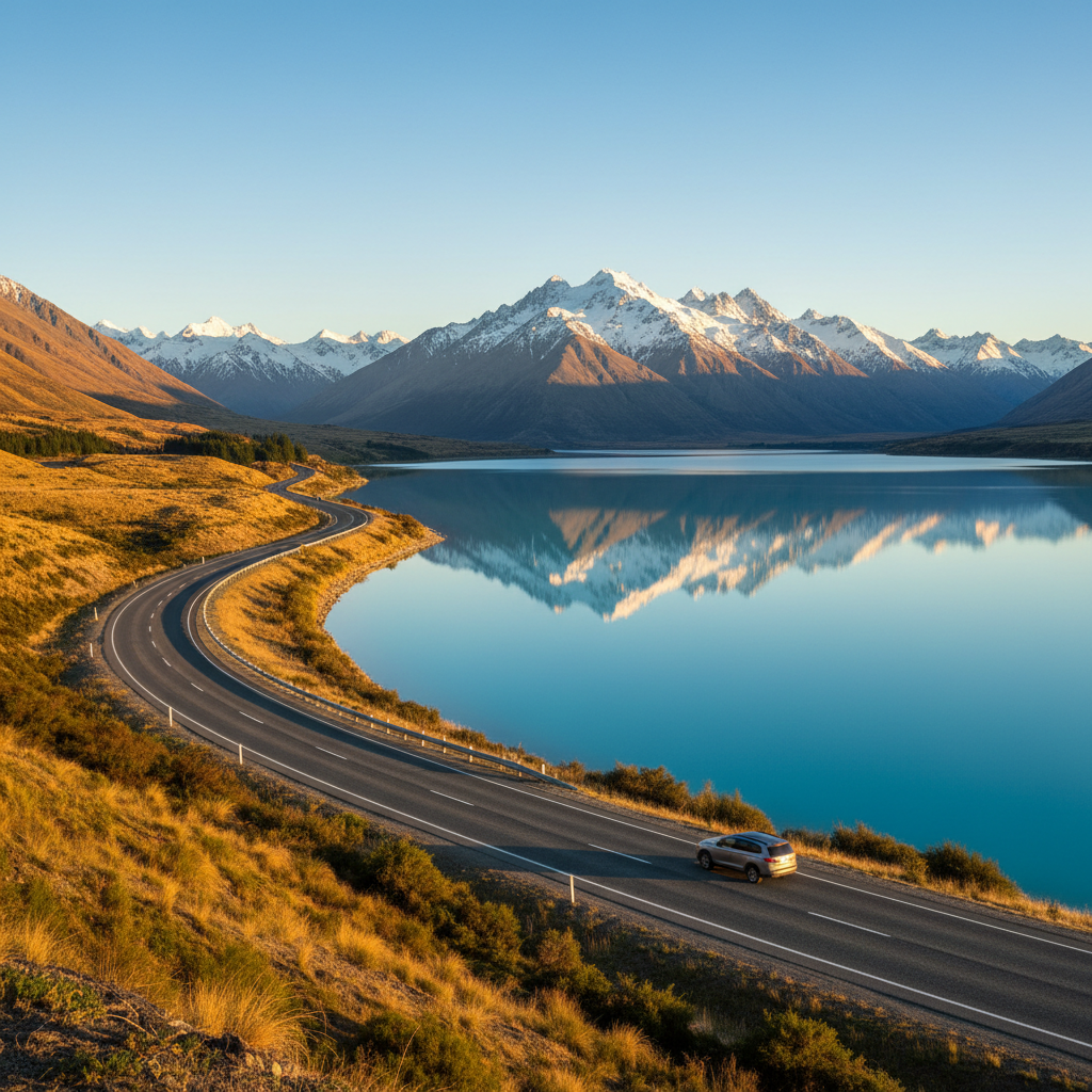 New Zealand South Island road trip scenery with mountains and lake
