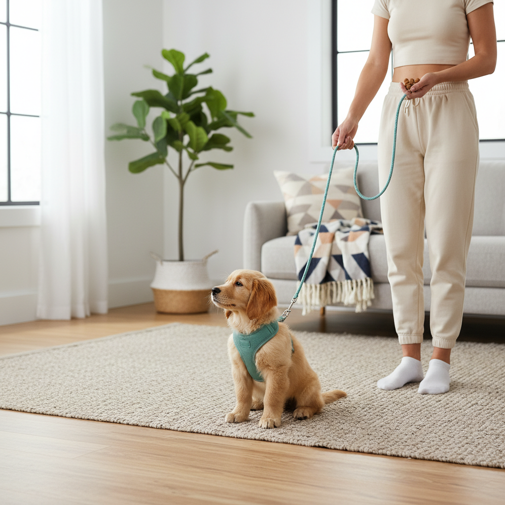 Puppy wearing a harness and leash indoors during first leash training session